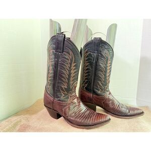 Vintage Justin 4717 Genuine Lizard Cowboy Boots Burgundy Black Western USA 6.5C
